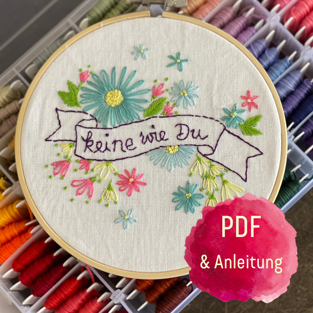 Stickmuster Banner Blumen Schriftzug für Anfänger mit Anleitungh